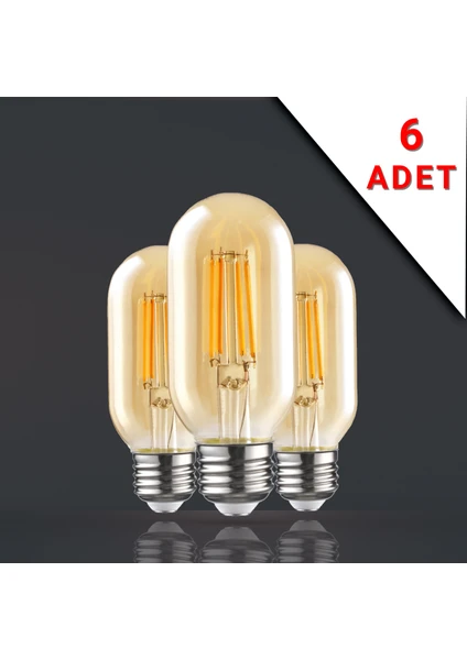 6 Adet LED Filamanlı E27 Rustik Ampul 6 Watt 2500K Gün Işığı T45