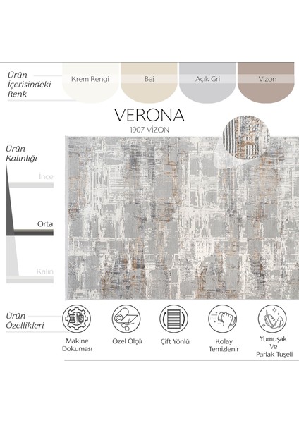 Verona 1907 Vizon Hav Toz Vermez Salon Halısı Kolay Temizlenen Kaymaz Taban Halı Koridor Kesme Yolluk Yumuşak Dokulu Dokuma Makine Halısı fiyatları