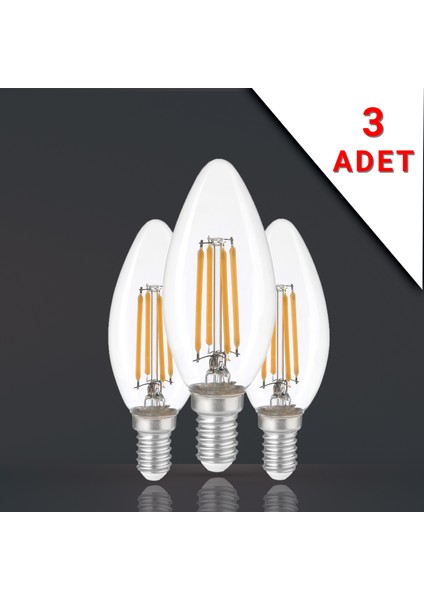 3 Adet LED Filamanlı E14 Rustik Ampul 6 Watt 3000K Gün Işığı C35