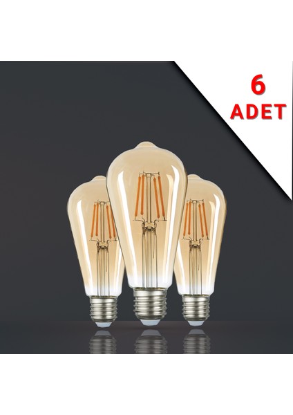 6 Adet LED Filamanlı E27 Rustik Ampul 6 Watt 2500K Gün Işığı ST64