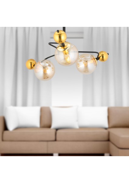 Florit 3'lü Siyah Gold Modern Oturma Odası Salon Avize