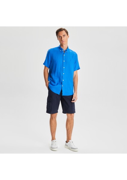 Erkek Mavi Classic Fit Kısa Kollu Keten Gömlek W35100T.4SJ