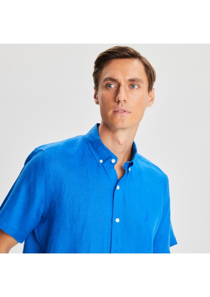 Erkek Mavi Classic Fit Kısa Kollu Keten Gömlek W35100T.4SJ