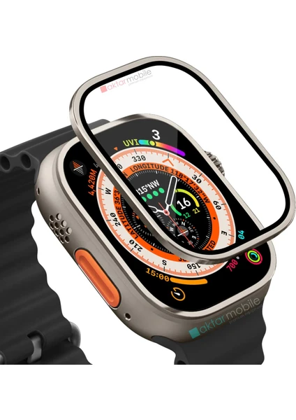 Apple Watch Ultra 49 mm Uyumlu Metal Çerçeveli Ekran Koruyucu Temperli Cam Üstün Koruma