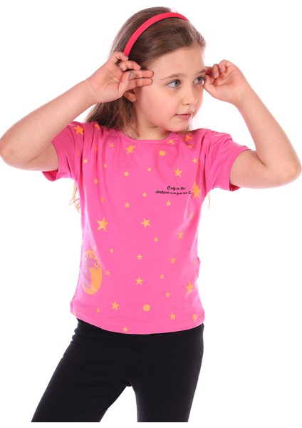 Toontoy Kız Bebek Önü Simli Yıldız Baskılı Tişört