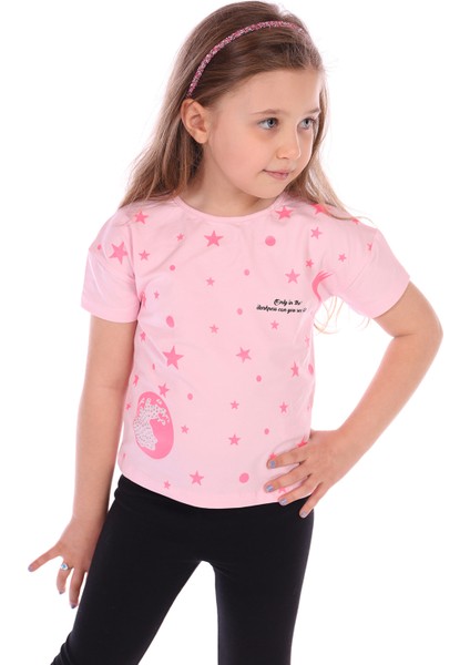 Toontoy Kız Bebek Önü Simli Yıldız Baskılı Tişört