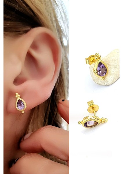 Ametist Taşlı 925AYAR Gümüş Üzerine Altın Kaplama Tasarım Doğal Taş Minimal Küpe