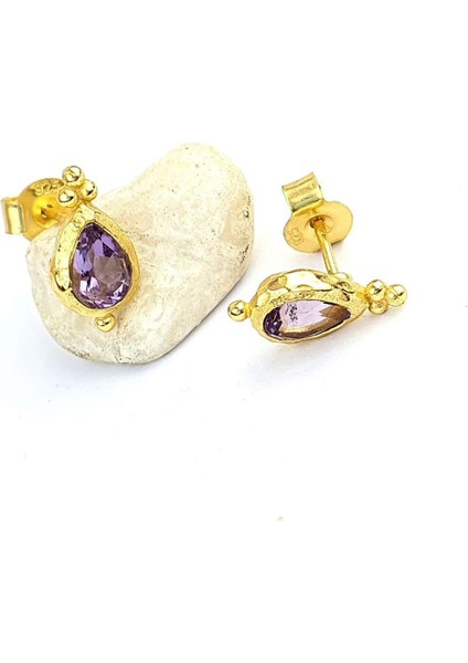 Ametist Taşlı 925AYAR Gümüş Üzerine Altın Kaplama Tasarım Doğal Taş Minimal Küpe fiyatları