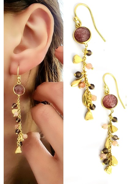 Turmalin Taşlı Pembe Kuvars Dumanlı Kuvars Taş Detaylı 925AYAR Gümüş Üzerine Altın Kaplama Tasarım Doğal Taş Küpe