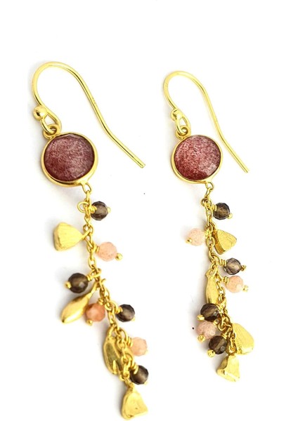 Turmalin Taşlı Pembe Kuvars Dumanlı Kuvars Taş Detaylı 925AYAR Gümüş Üzerine Altın Kaplama Tasarım Doğal Taş Küpe fiyatları