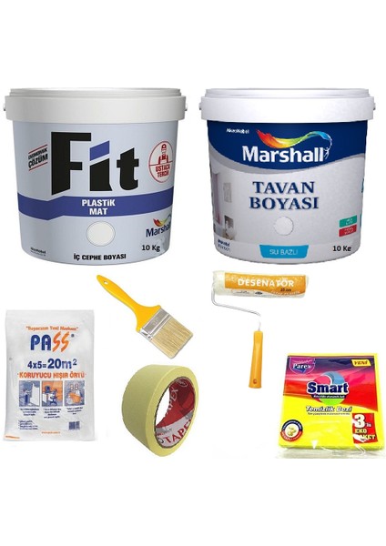 Fit Plastik İç Cephe Boyası 10 kg + Marshall Tavan Boyası 10 kg + 5 Parça Boyama Seti