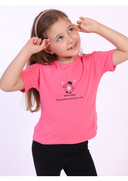 Toontoy Kız Çocuk Penguen Yazı Baskılı Tişört