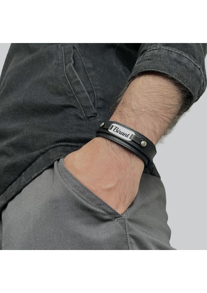 Birant Ismine Özel Deri 925 Gümüş Plakalı Bileklik