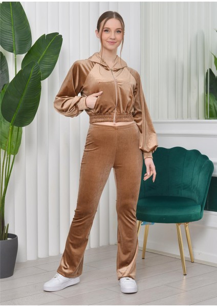Kapşonlu Hırka Crop Ispanyol Paça Altlı 3'lü Kadife Takım Gold Rengi
