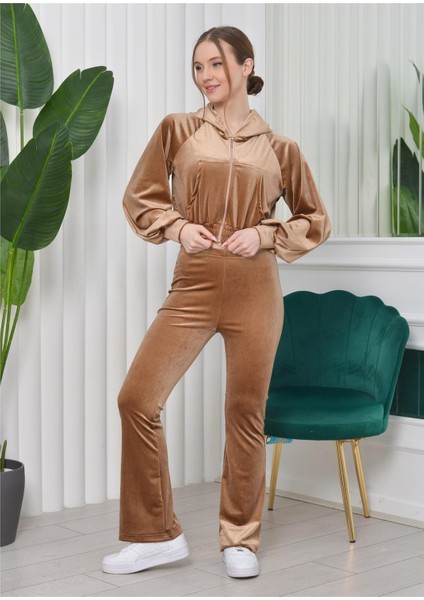 Kapşonlu Hırka Crop Ispanyol Paça Altlı 3'lü Kadife Takım Gold Rengi fiyatları