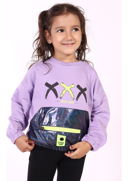 Kız Çocuk Cep Detaylı Baskılı Sweatshirt