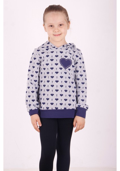 Kız Çocuk Komple Kalp Desenli Sweatshirt