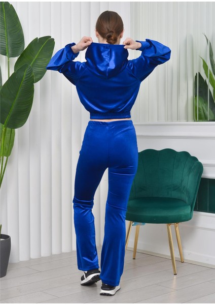 Kapşonlu Hırka Crop Ispanyol Paça Altlı 3'lü Kadife Takım Saks Rengi modelleri