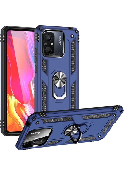 Xiaomi Redmi 12C Uyumlu Kılıf Kamera Çıkıntılı Korumalı Yüzüklü Standlı Zırh Tank Military Silikon Çift Katmanlı Hibrit Kapak