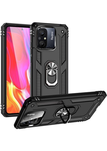 Xiaomi Redmi 12C Uyumlu Kılıf Kamera Çıkıntılı Korumalı Yüzüklü Standlı Zırh Tank Military Silikon Çift Katmanlı Hibrit Kapak