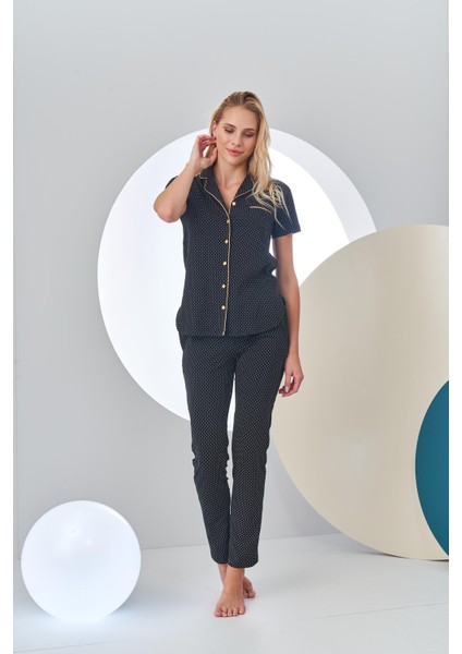24213 Kadın Puantiyeli Düğmeli Pijama Takım