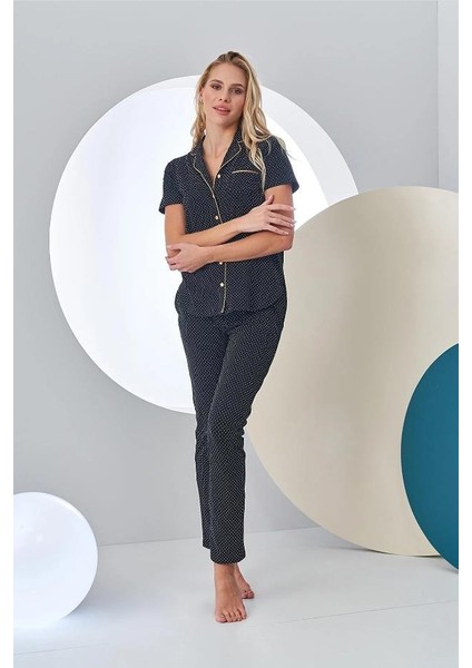24213 Kadın Puantiyeli Düğmeli Pijama Takım modelleri