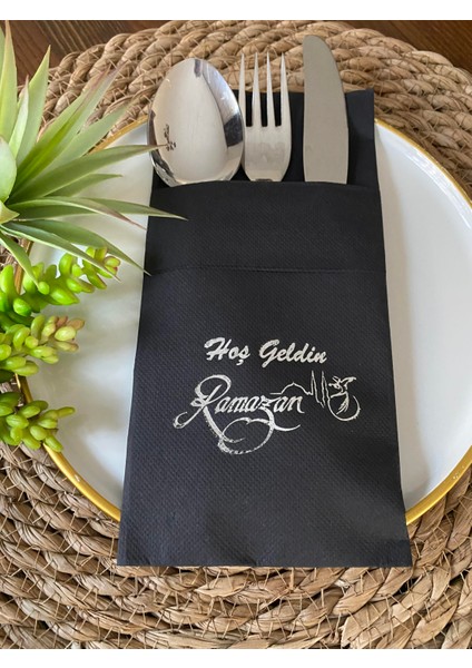Gümüş Yaldızlı Siyah Hoş Geldin Ramazan Cepli Touch Peçete 12 Li 40X40