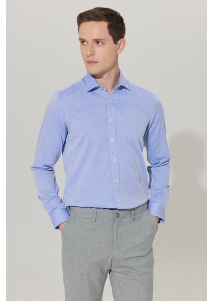 ALTINYILDIZ CLASSICS Erkek Mavi Ütüleme Gerektirmeyen Non-ıron Taılored Slim Fit Dar Kesim %100 Pamuk Desenli Gömlek