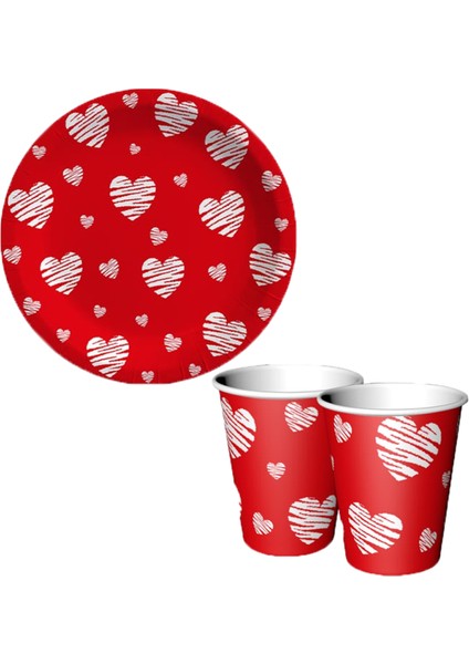 Love Kalp Baskılı Karton Tabak Bardak 8 Li