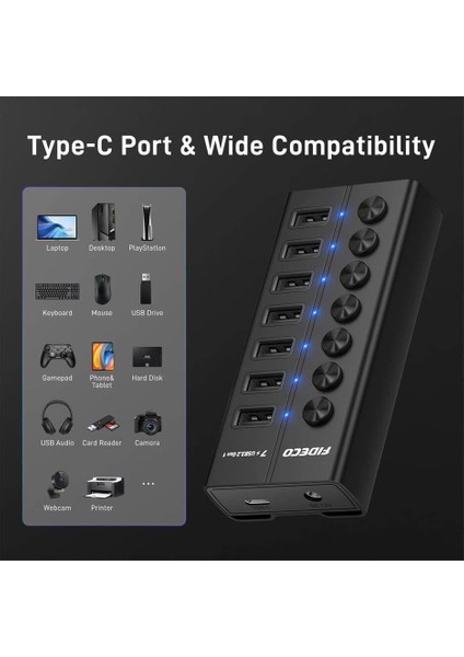 HKG07C 7 Port 3.2 Gen 1 Type-C USB Çoklayıcı Hub On/off Switch Ledli - 12V 3A Adaptörlü