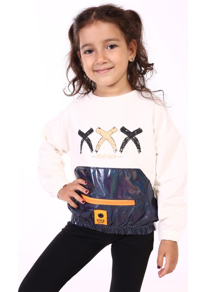 Kız Çocuk Cep Detaylı Baskılı Sweatshirt