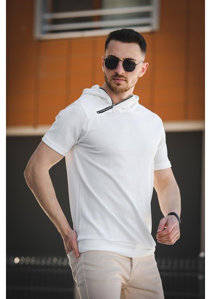 Valery Slim Fit Dokulu Fermuar Detaylı Kapüşonlu Erkek Tshirt
