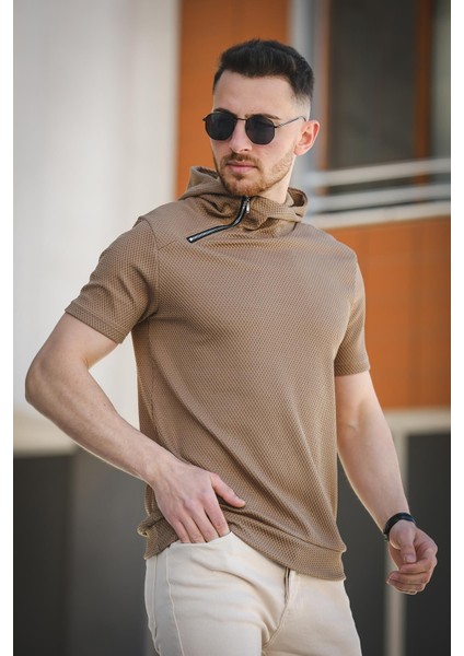 Valery Slim Fit Dokulu Fermuar Detaylı Kapüşonlu Erkek Tshirt