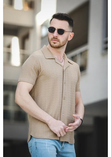 Ares Dokulu Slim Fit Full Likralı Kısa Kol Apaç Yaka Erkek Gömlek