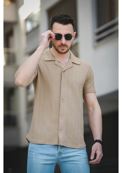 Ares Dokulu Slim Fit Full Likralı Kısa Kol Apaç Yaka Erkek Gömlek fiyatları