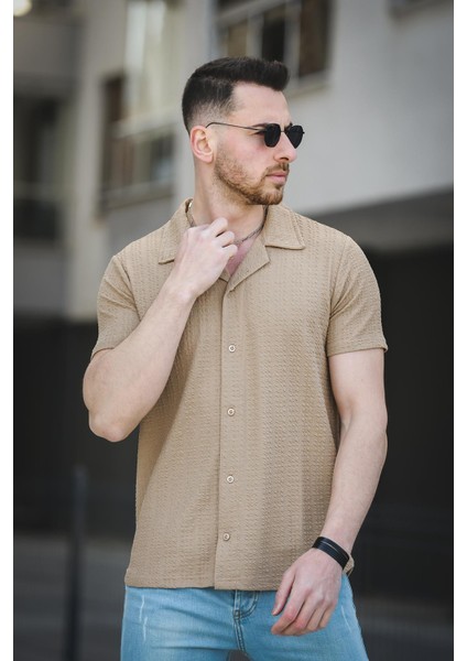 Ares Dokulu Slim Fit Full Likralı Kısa Kol Apaç Yaka Erkek Gömlek modelleri