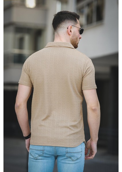 Ares Dokulu Slim Fit Full Likralı Kısa Kol Apaç Yaka Erkek Gömlek fırsatları
