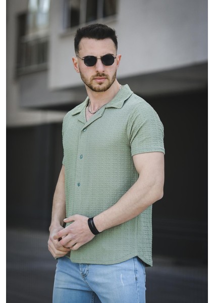 Ares Dokulu Slim Fit Full Likralı Kısa Kol Apaç Yaka Erkek Gömlek