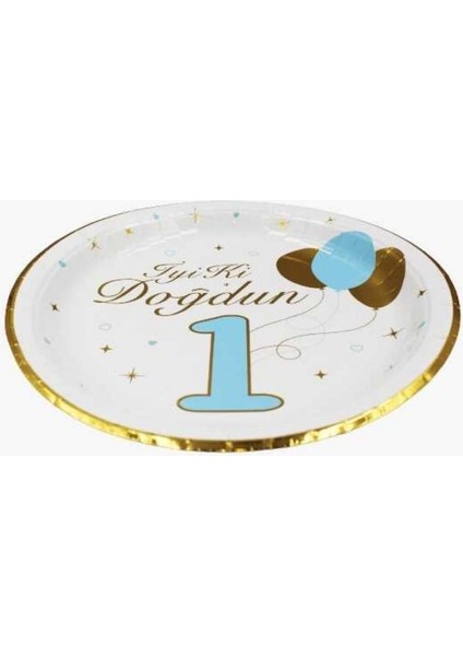 Iyi Ki Doğdun 1 Yaş Erkek Gold Yaldızlı Karton Tabak 6 Lı