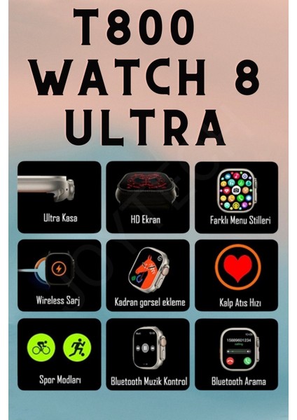 Watch 8 T800 Ultra Bluetooth'lu Arama Özellikli Akıllı Saat Tüm Telefonlarla Uyumlu Türkçe Menü fırsatları