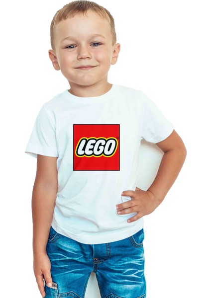 Zeron Tasarım LEGO Baskılı Bisiklet Yaka Çocuk Tişörtü BLL422