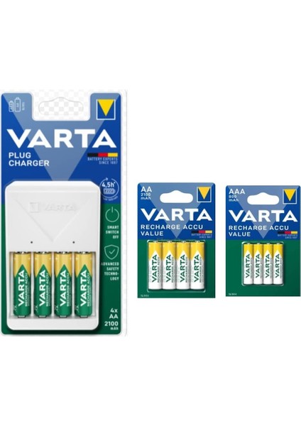 57657 Plug Şarj Cihazı + Varta 2100 Mah Şarjlı Aa Kalem Pil + 800 Mah Aaa Ince Pil Aydos