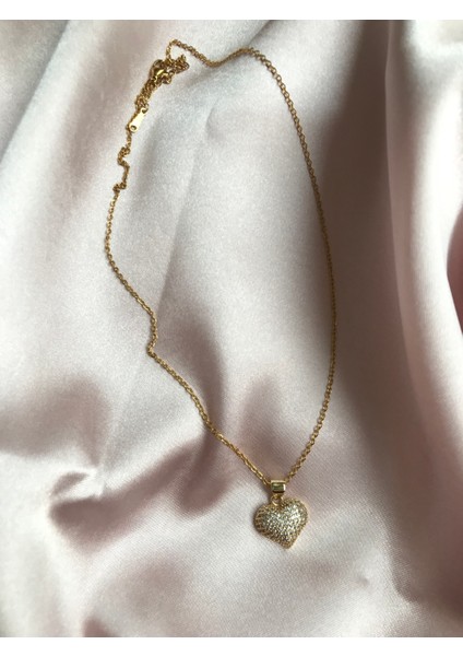 Kalp Şekilli Zirkon Taşlı Gold Kararmaz Çelik Kolye