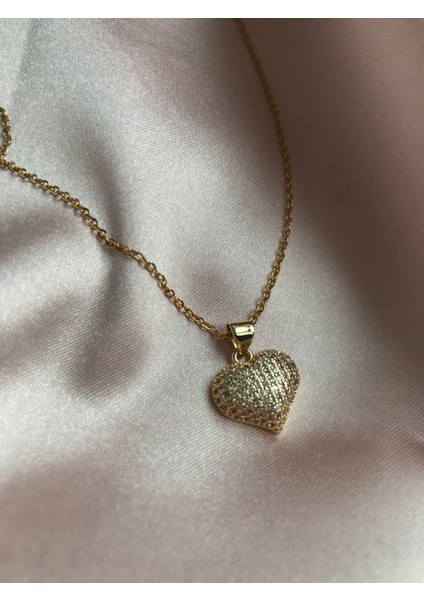 Kalp Şekilli Zirkon Taşlı Gold Kararmaz Çelik Kolye modelleri
