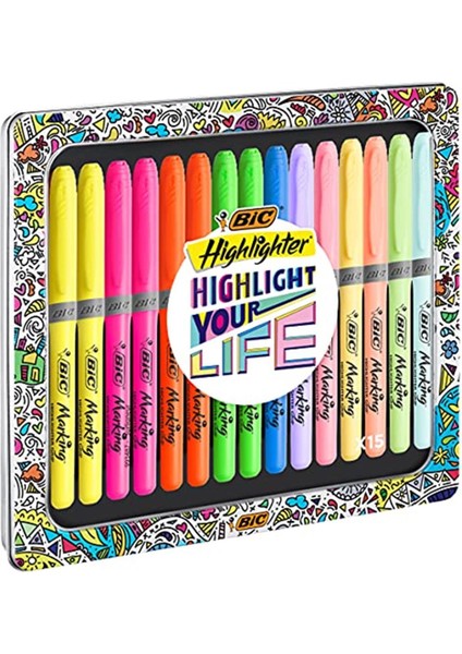 Bıc Fosforlu Kalem Koleksiyon Kutusu, Karışık ve Pastel Renkler, 15'li Metal Hediye Kutusu