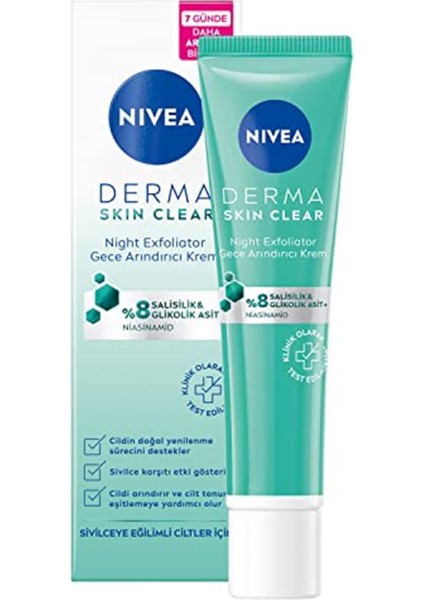 Nıvea Derma Skin Clear Night Exfoliator Gece Arındırıcı Krem 40 Ml,%8 Glikolik Asit (Aha) ve Salisi