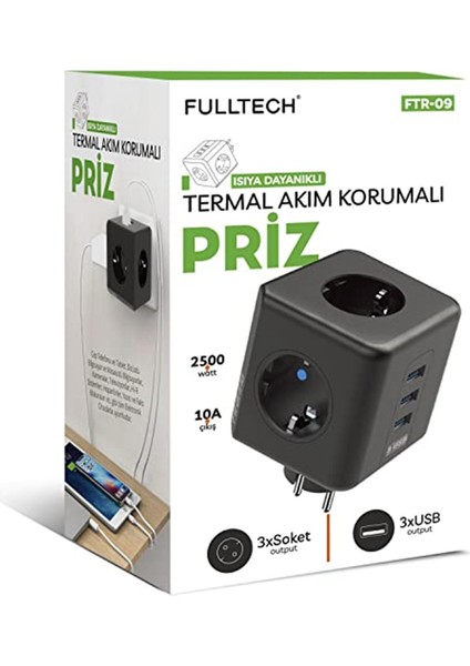 Termal Akım Korumalı Isıya Dayanıklı 3'lü Duvar Tipi Priz 3 x Usb, 3'lü Usb'li Küp Duvar Priz Ftr-0
