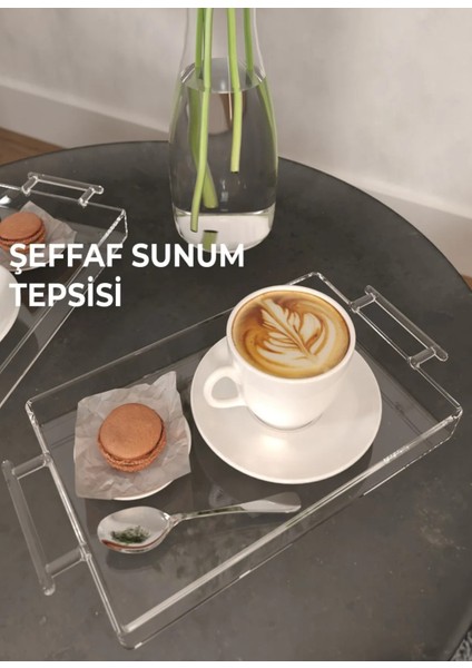 Pleksiglas Seffaf Dekoratif Sunum Tepsisi Şeffaf Tepsi 14X22CM 1 Adet Tutacakli