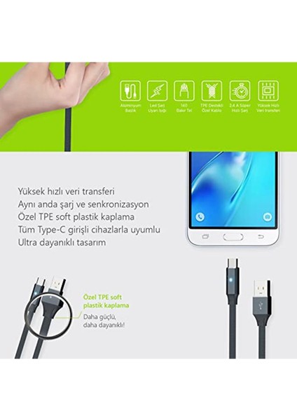 PSM29 1.2 Metre Type-C (Android ve Diğer) LED Uyarılı Şarj ve Data Kablosu Siyah