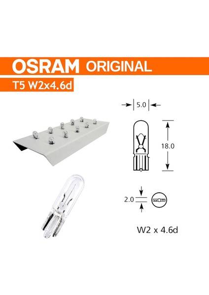 12V 2W T5 Dipsiz Gösterge Kadran Ampulü 10 Adet Osram 2722 10X